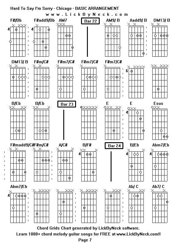 Chord Grids Chart of chord melody fingerstyle guitar song-Hard To Say I'm Sorry - Chicago - BASIC ARRANGEMENT,generated by LickByNeck software.